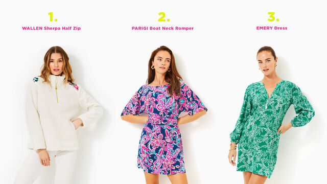 Three models wearing Lilly Pulitzer clothing